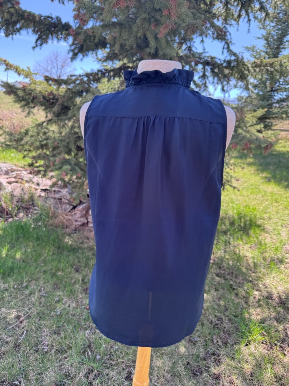 J. Crew Navy Ruffle-Neck Sleeveless Shell - Picture 2 of 4